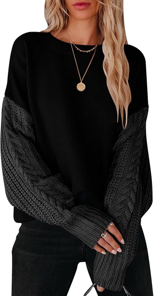 ANRABESS Women's Crewneck Cable Knit Long Sleeve Oversized Cozy Casual Chunky 2024 Fall Pullover ... | Amazon (US)