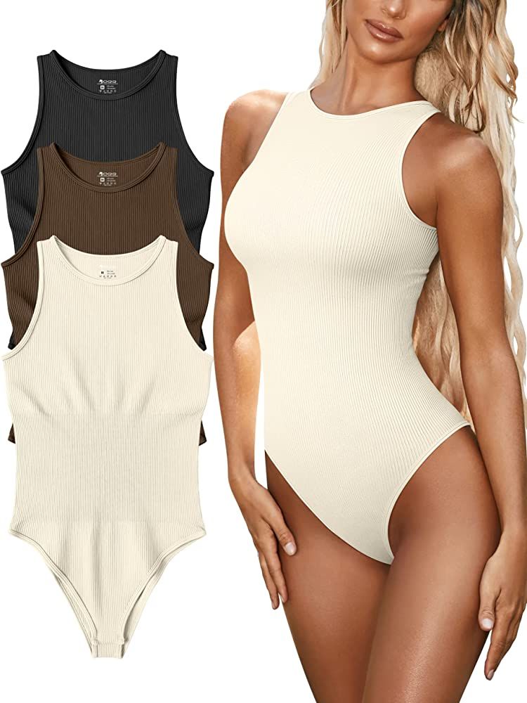 OQQ Women's 3 Piece Bodysuits Sexy Ribbed One Piece Sleeveless Halter Neck Bodysuits | Amazon (US)