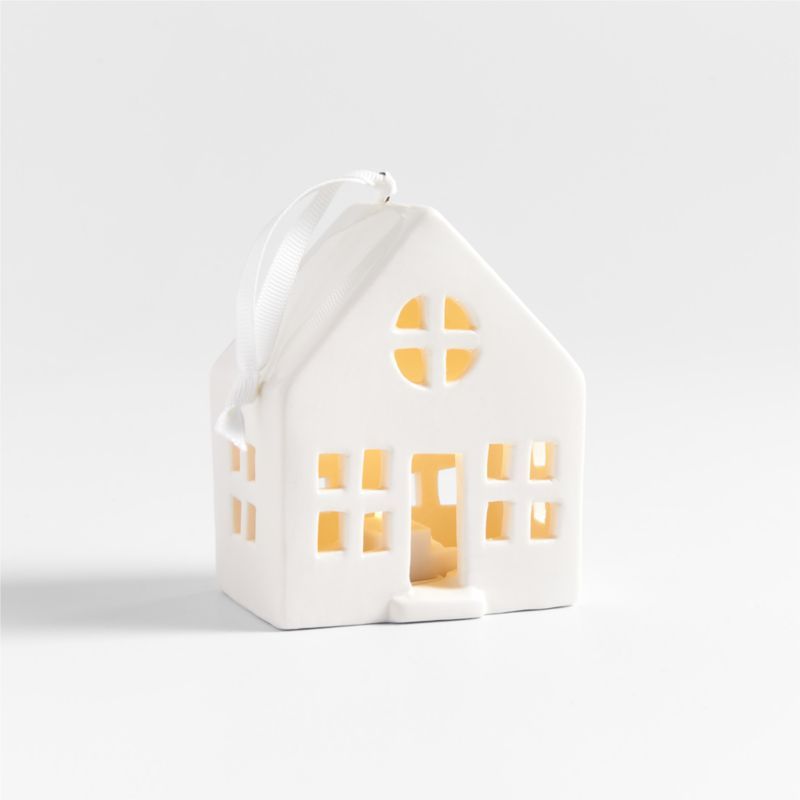 Light-Up White Ceramic House Christmas Tree Ornament | Crate & Barrel | Crate & Barrel