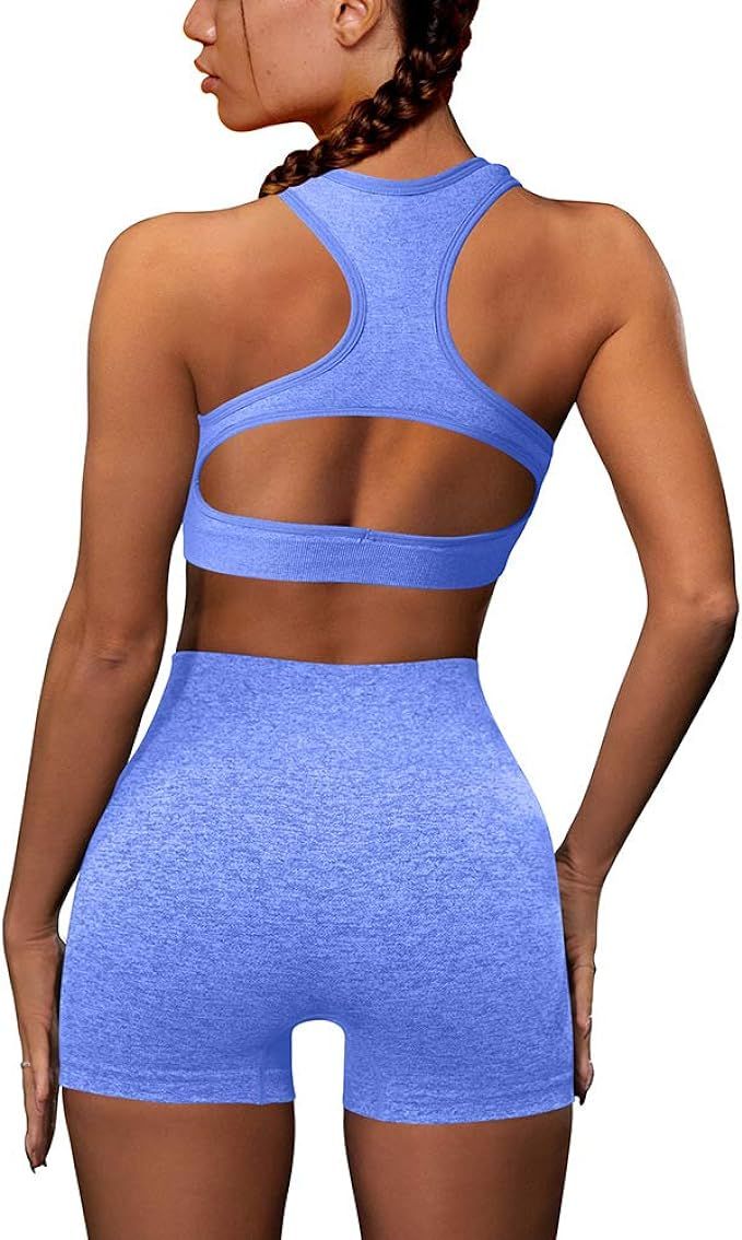 HYZ Women's Seamless Workout 2 Piece Outfits Racerback Crop Top High Waist Tummy Control sports S... | Amazon (US)