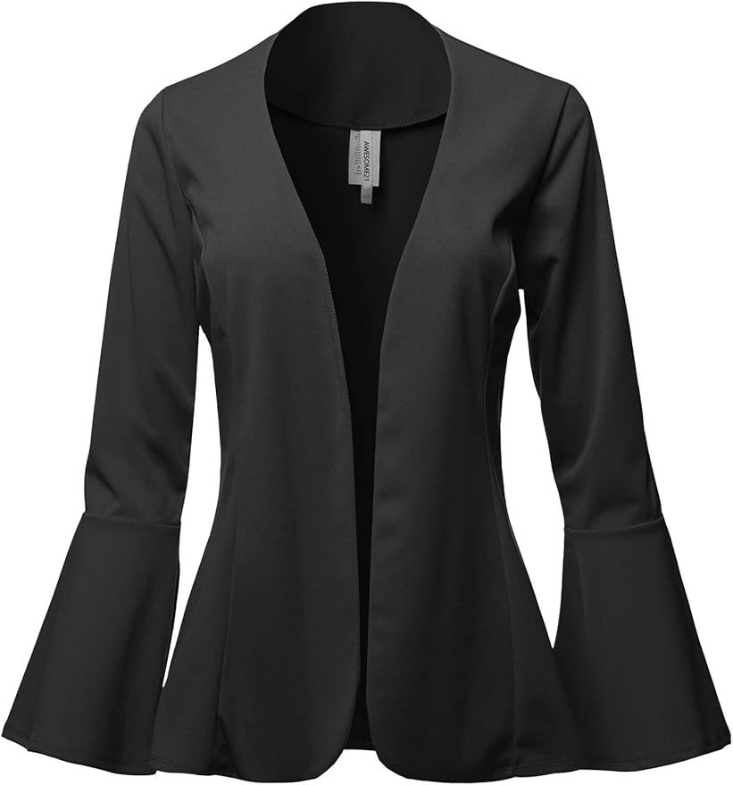 Women's Casual Solid Collarless Bell Sleeve Open Blazer - Made in USA | Amazon (US)