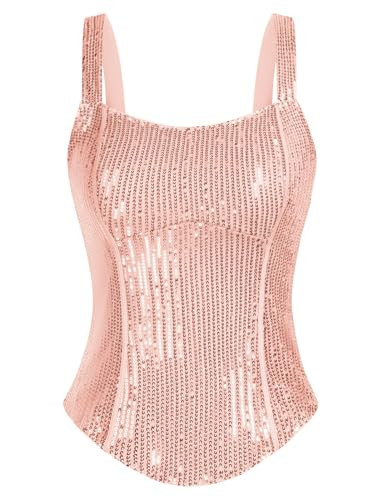 Women Bustier Corset Top Sexy Slim Tank Top Square Neck Sequin Rose Gold Summer Sleeveless Party L | Amazon (US)