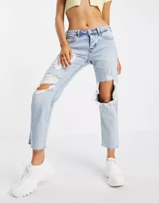 Hollister shredded boyfriend jeans in light blue wash | ASOS (Global)