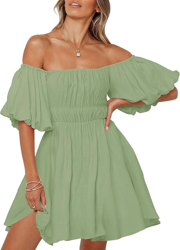 SYZRI Women's Summer Puff Sleeve Off Shoulder Mini Dress Ruffled A Line Flowy Swing Beach Dress | Amazon (US)