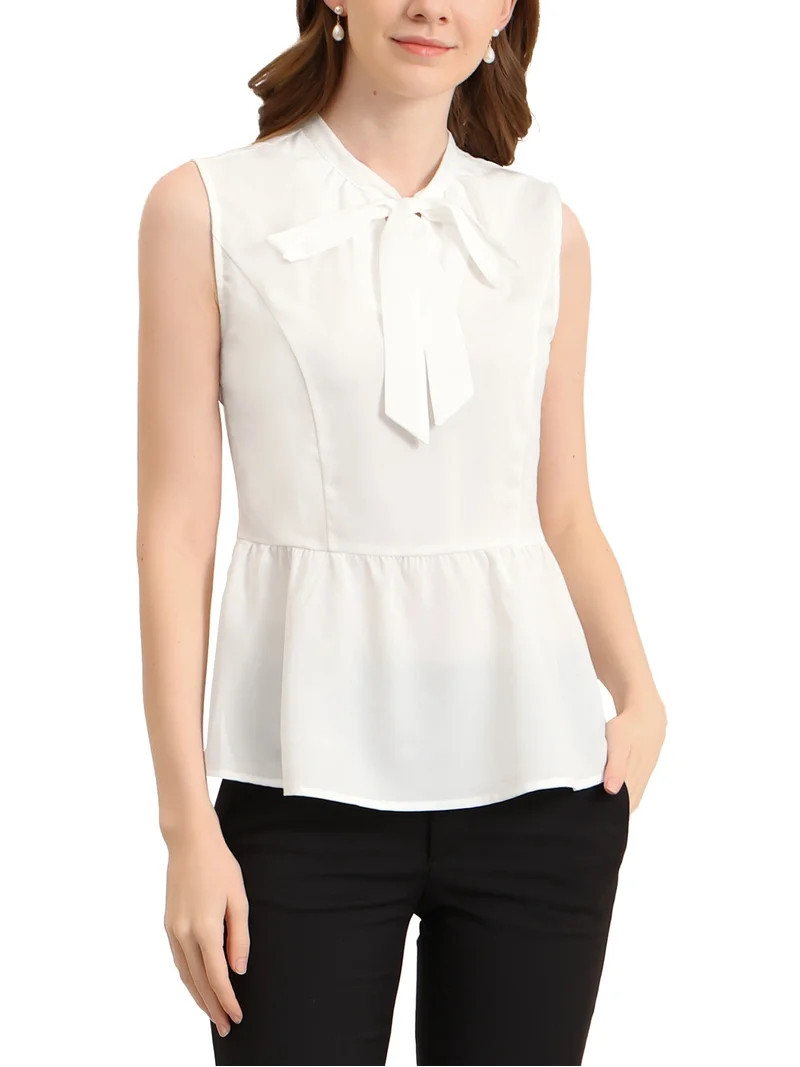 INSPIRE CHIC Women's Bow Tie Neck Sleeveless Ruffle Hem Blouse Summer Peplum Tops White XS | Walmart (US)
