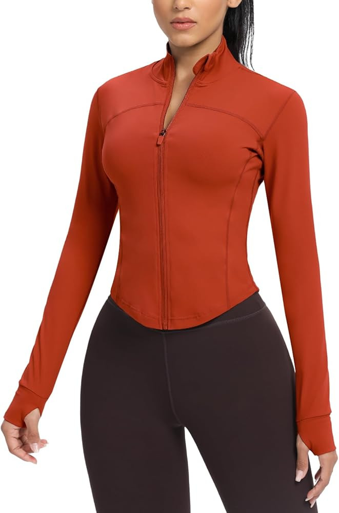 AVGO Women's Cropped Running Workout Jackets Zip Slim Fit Athletic Tops with Thumb Holes | Amazon (US)
