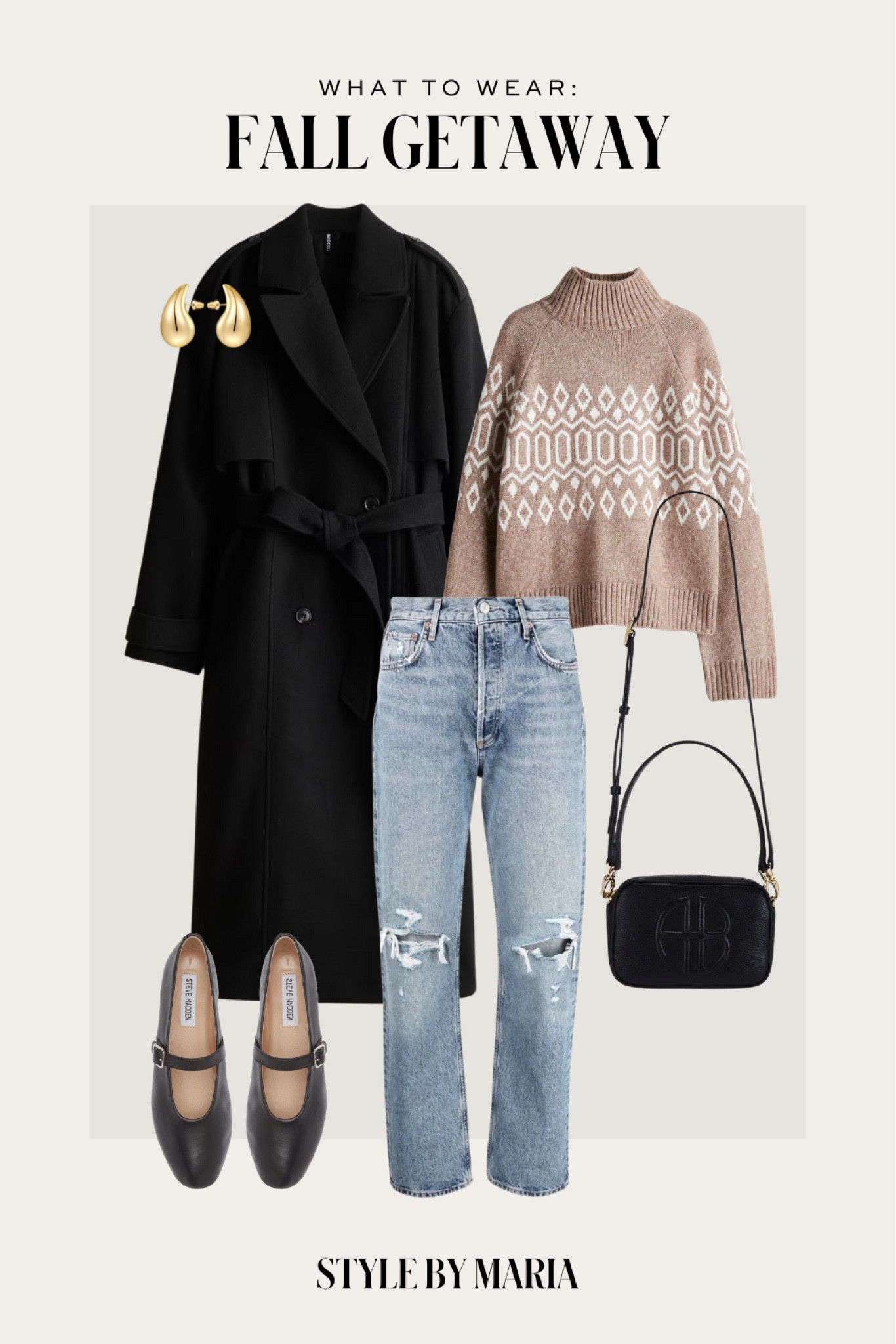 Fall getaway outfit / casual fall outfit
H&M black duster coat
Nordstrom fair isle sweater
Agolde 90s jeans
Steve Madden ballet flats
Anine bing crossbody bag 

#LTKFindsUnder100 #LTKSeasonal #LTKSaleAlert