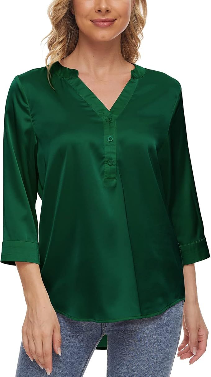 MOKITOUL Women's V Neck Blouse 3/4 Sleeve Tunic Tops Satin Silk Blouse Casual Loose Shirt | Amazon (US)