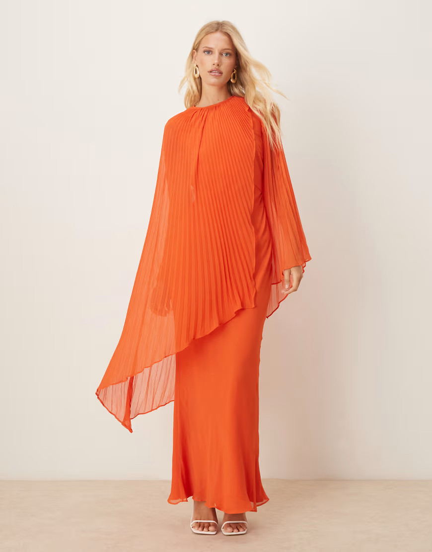 ASOS DESIGN exaggerated pleated sleeve bias maxi dress in orange | ASOS (Global)