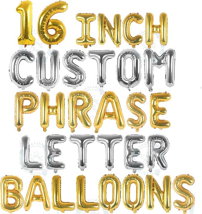 Silver & Gold Letter Balloons - Custom Balloon Letters For Birthday / Baby Shower - Personalized ... | Amazon (US)