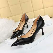 Women Chain Decor Point Toe Stiletto Heeled Pumps, Elegant Black Court Pumps For Outdoor | SHEIN