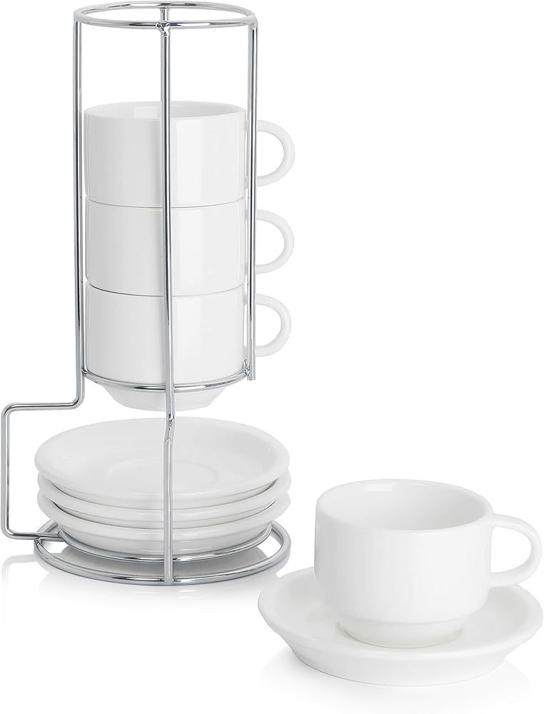 Sweese 2.5 Ounce Porcelain Stackable Espresso Cups with Saucers and Metal Stand Set of 4, White | Amazon (US)