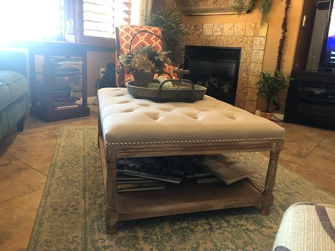 Baxton Studio Valensole French Country Weathered Oak Rectangular Coffee Table Ottoman, Beige Line... | Amazon (US)