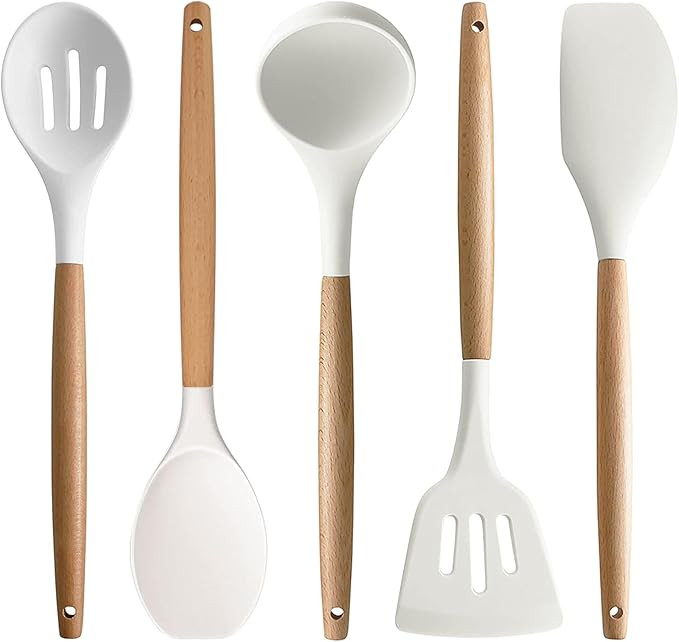 IOCBYHZ Silicone Kitchen Utensils Set of 5, Cooking Utensils Set w Heat Resistant Wooden Handle N... | Amazon (US)