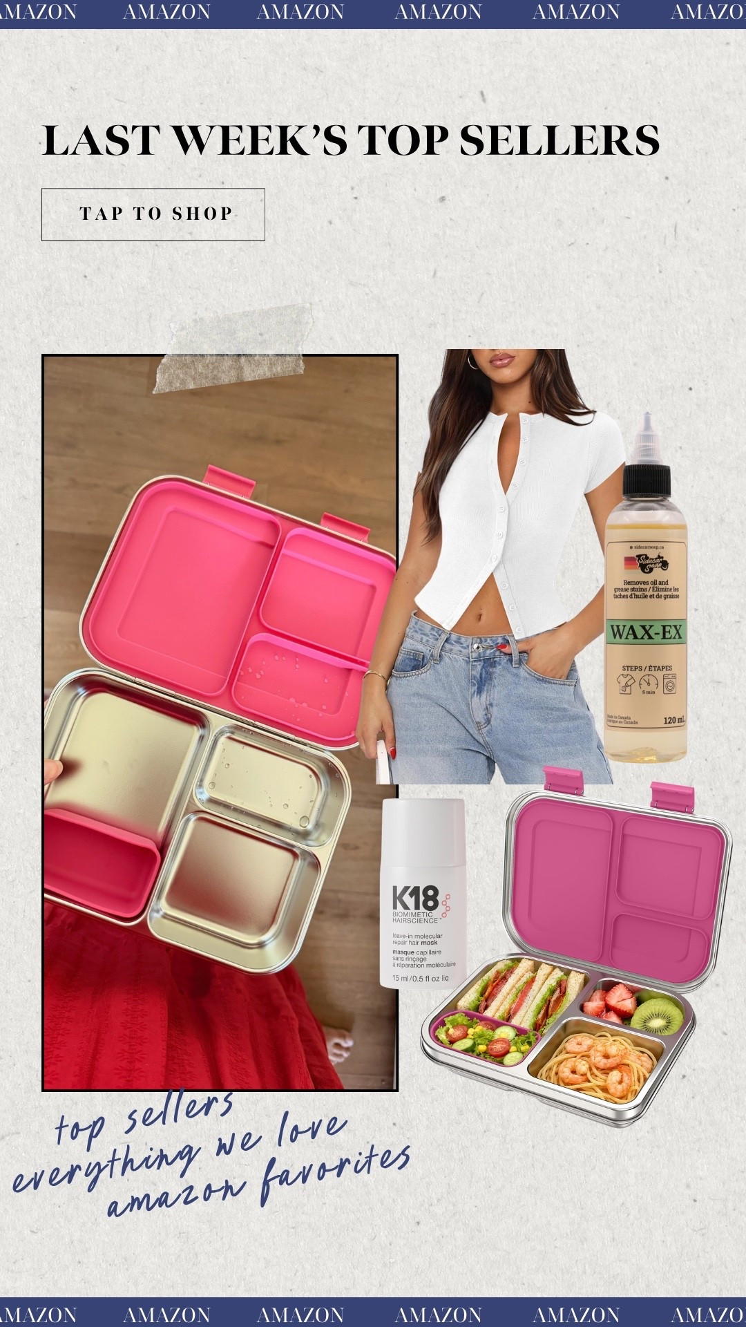 Last week's top amazon sellers! Stainless steel lunchbox, oil stain remover, k18 hair treatment, & white button up top!

#LTKSaleAlert #LTKmomlife #LTKSeasonal