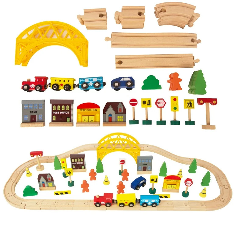 WoodenEdu 60Pcs Train Set for 3 Year Old Boys, Double-Side Wooden Train Set Tracks for Toddlers, ... | Walmart (US)
