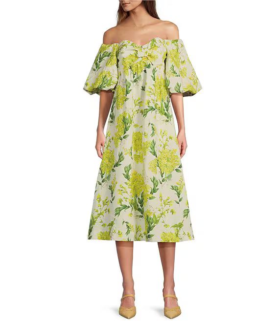 Mestiza New YorkEmilie Linen Floral Off-the-Shoulder Puff Sleeve Sweetheart Neck A-Line Midi Dres... | Dillard's