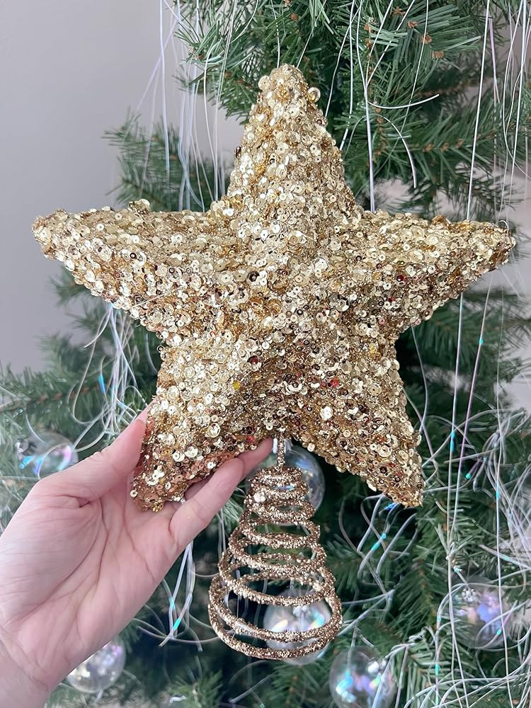 PEPPERLONELY Small Glitter & Sequin Star Tree Topper Christmas Decorations 9" W x 10" H, Gold | Amazon (US)