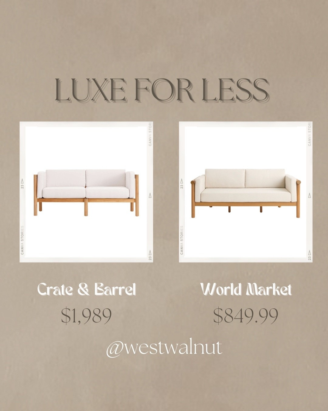 Outdoor Sofa Luxe For Less

The outdoor sofa on the left from Crate & Barrel (in the color canvas) is made with teak and hand stretched weather resistant polyester rope back and quick drying cushions that are mildew and mold resistant.
Dimensions: 66”W x 31”D x 28”H

The outdoor sofa on the right from World Market is made with an acacia wood frame and polyester cushions. The sofa should be covered or stored away in inclement weather.
Dimensions: 73”W x 32.75”D x 32.75”H

#patiofurniture #affordablefurniture #outdoorsofa 

#LTKHome