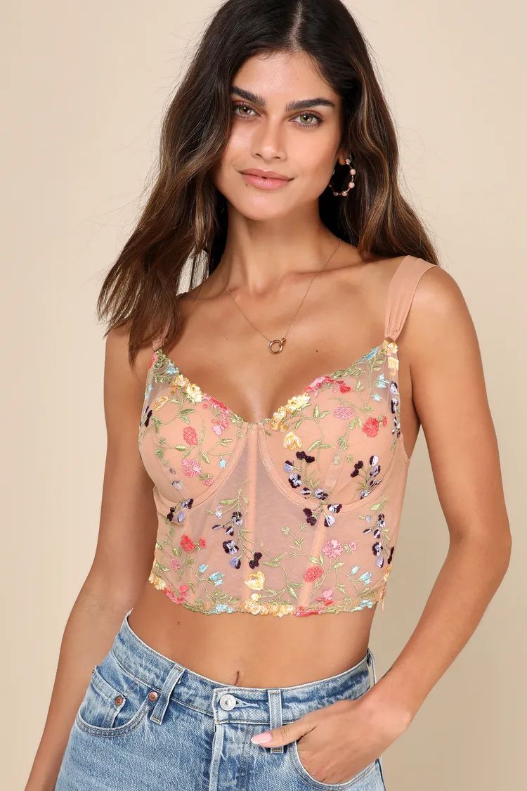 Sultry Beauty Beige Floral Embroidered Mesh Bustier Top | Lulus