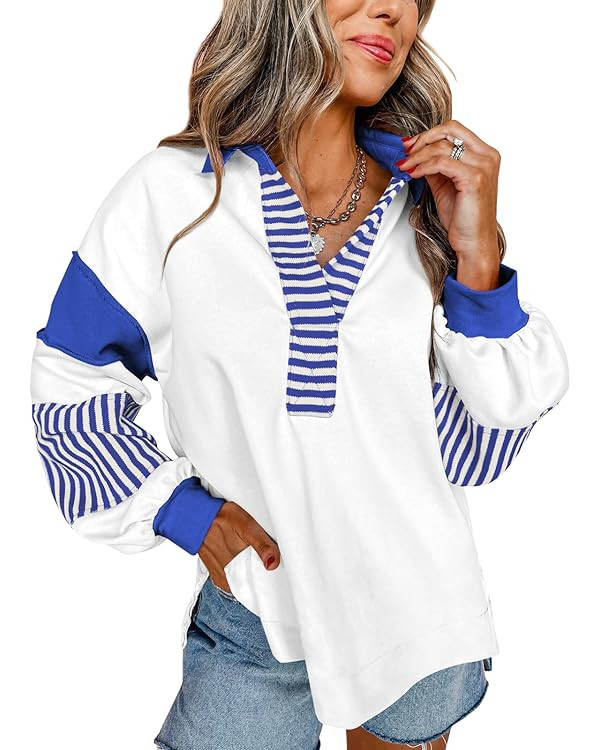 miduo Womens Loose Fit Striped Color Block Long Sleeve Sweatshirt Lapel Collared V Neck Pullover ... | Amazon (US)