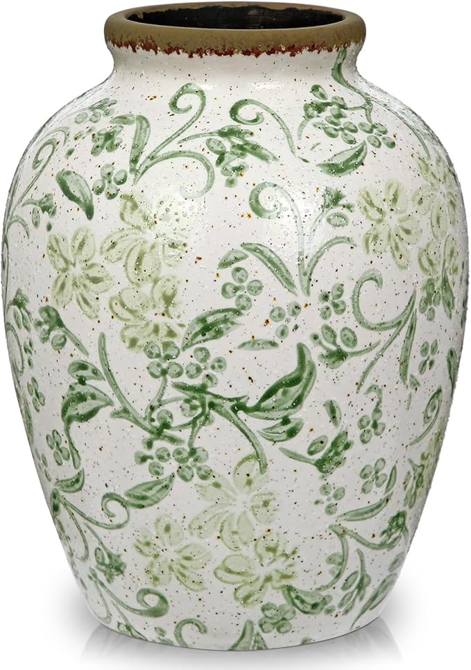 8.2 inch Green and Beige Vintage Ceramic Vase, Chinoiserie Floral Vase, Farmhouse Rustic Ceramic ... | Amazon (US)