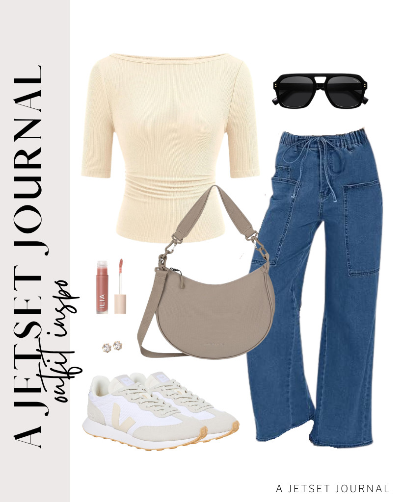 Another combination is a beige boat-neck ribbed top plus these drawstring jeans, which are perfect for errand-running. These Veja sneakers and the Sherpani Mina crescent bag go well with this look, too.

#LTKSeasonal #LTKSaleAlert #LTKTravel
 

 