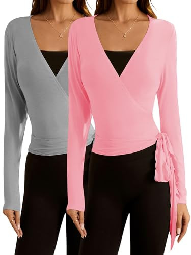 SweatyRocks Women's Pilates Outfits Wrap Tops Ballet Yoga Coquette Shirt Cute Long Sleeve Workout Activewear Grey and Pink X-Large | Amazon (US)