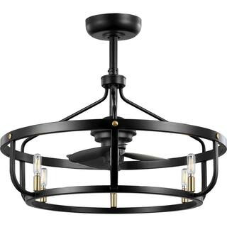 Progress Lighting Copan 28.75 in. Indoor/Outdoor Industrial Black and Gold Cage Ceiling Fan with ... | The Home Depot