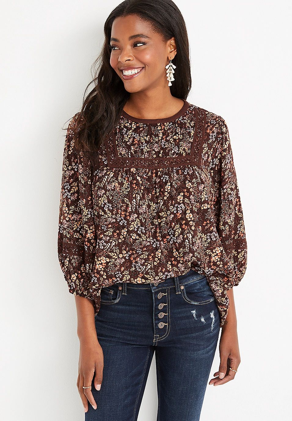 Brown Floral Lace Blouse | Maurices