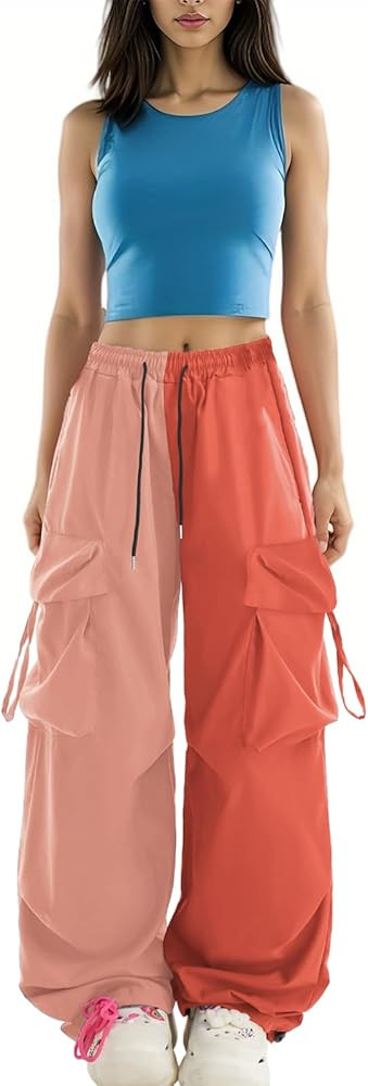 Women Cargo Pants Patchwork Y2K Streetwear Baggy Drawstring Elastic Parachute Pants | Amazon (US)