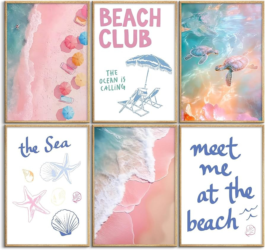 6Pcs Pink Blue Coastal Beach Wall Art Coastal Granddaughter Paintings Pictures Wall Decor Ocean P... | Amazon (US)