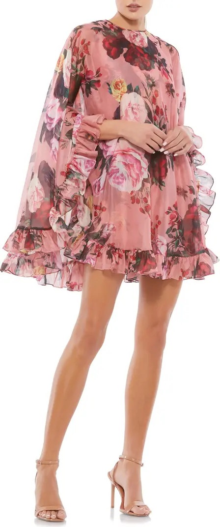 Floral Cape Sleeve Chiffon Trapeze Dress | Nordstrom