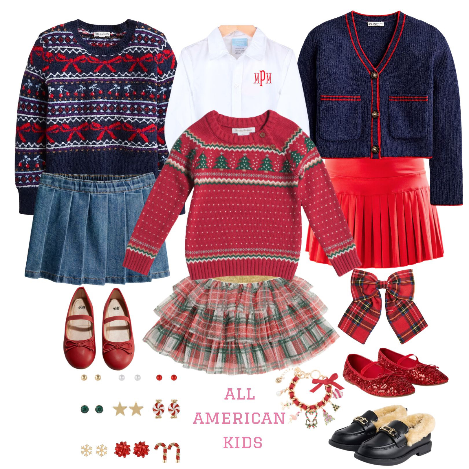 Three adorable Christmas outfits for girls 🎄 Perfectly preppy, classic, and timeless! Each look includes cozy, cute sweaters paired with an updated newer traditional holiday-ready style. Pair each skirt and sweater with a borrowed from her brothers classic white monogramed button down. Don't forget to accessorize with festive candy cane, peppermint, snowflake or pearl earrings. Charm bracelets are very popular this year. We love a tartan bow. Every girl loves sparkly red mary janes. Wish these faux fur black loafers came in adult sizes. They are the cutest. Ideal for holiday photos, family gatherings, and school parties. Find these festive outfits with classic Christmas vibes and preppy elegance – styled for the season and made to match the holiday spirit! Shop these traditional Christmas girl outfits for timeless winter charm! 

 

#LTKCyberWeek 

#LTKHoliday #LTKKids