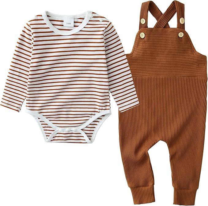 Newborn Baby Boy Clothes,2Pcs Infant Boy Romper Bodysuit Fall Winter Stripe Outfits + Bib Overall... | Amazon (US)