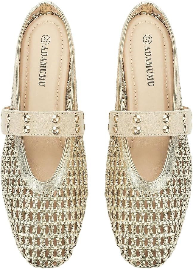 GORGLITTER Women's Gold Braided Woven Mules Hollow Out Casual Flat Shoes Studded Slip on Ballet F... | Amazon (US)