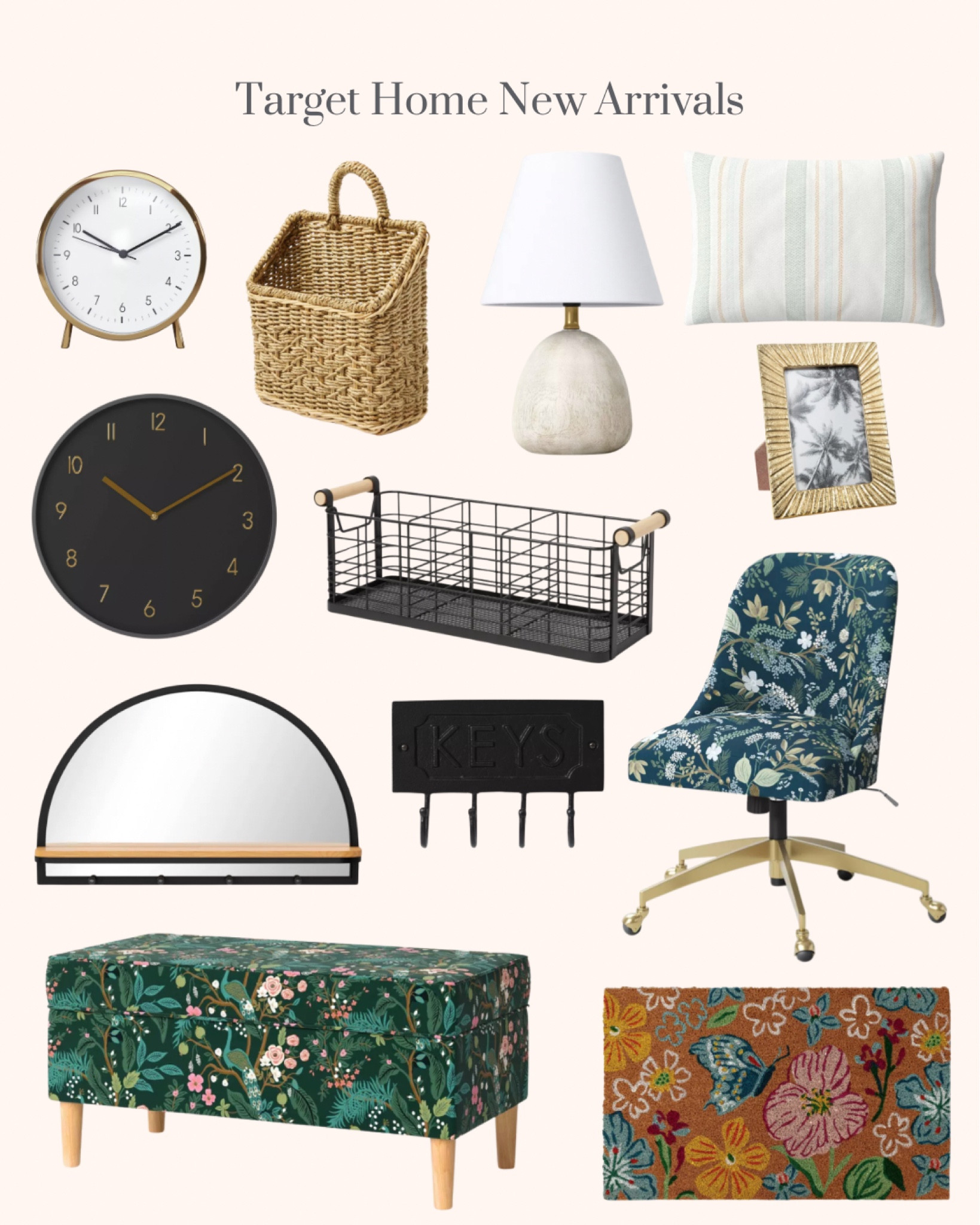 Target home new arrivals. Spring home refresh ideas. Cast aluminum key holder sign. Arch wall mirror with shelf. Faux wood mini table lamp. Black wire divided basket. Upright folio grass handwoven basket. Gold metal table frame. Rifle paper co office chair. Rifle paper co storage bench. Textured striped throw pillow. Floral door mat. Large black and gold clock. Polished gold metal mantle clock  

#LTKhome #LTKstyletip #LTKxTarget