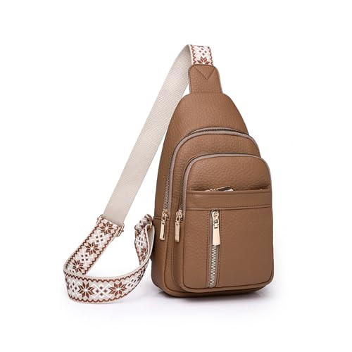 HOSICRON Crossbody Bags for Women, Leather Small Sling Bag for Women Fanny Pack Chest Bag With Guitar Strap, Waist Packs Bag for Travel (Coffee) | Amazon (US)