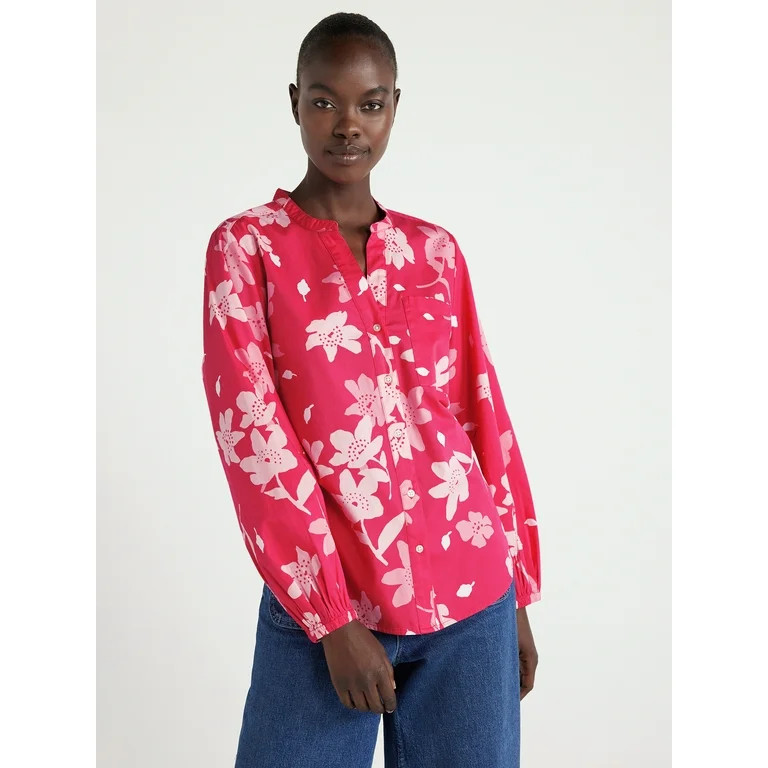 Free Assembly Women’s Floral Split Neck Button Front Shirt with Long Sleeves, Sizes XS-XXL | Walmart (US)