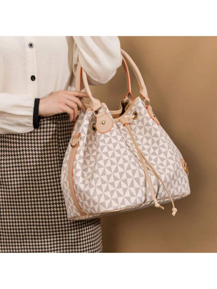 Versatile & Spacious Women's Chic Argyle Drawstring Bucket Handbag With Crossbody Strap | SHEIN