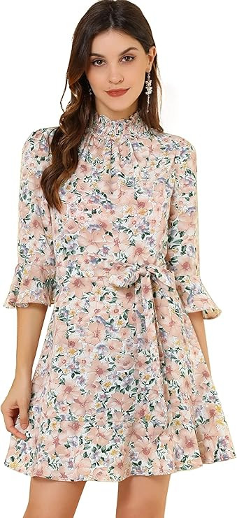 Allegra K Women's Floral 3/4 Bell Sleeve Smocked Belted Flare Ruffle Dress | Amazon (US)