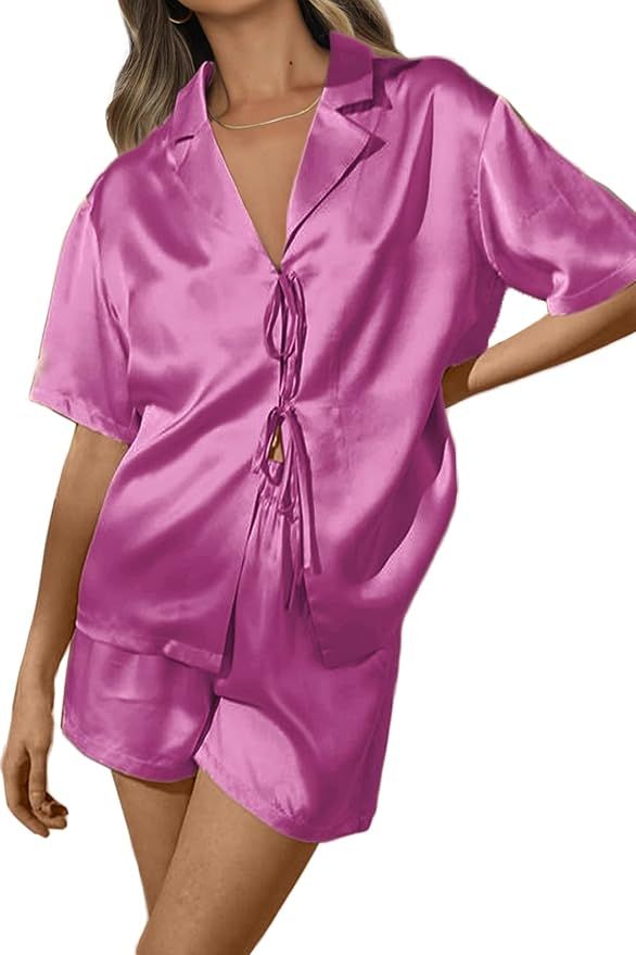 CHYRII Women's Silk Satin Pajamas Sets Tie Front Short Sleeve Tops and Shorts Two Piece Pj Sets S... | Amazon (US)