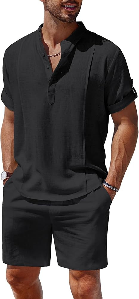 COOFANDY Men's 2 Pieces Linen Set Henley Shirt Short Sleeve and Shorts Summer Beach Yoga Matching... | Amazon (US)