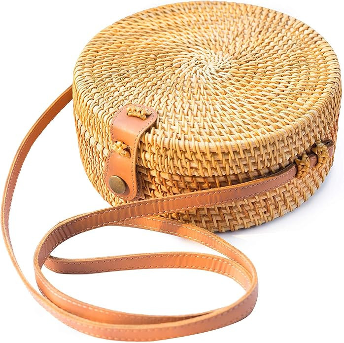 Handwoven Round Rattan Bag Purse for Women, Tote Basket Circle Boho Bag Bali | Amazon (US)