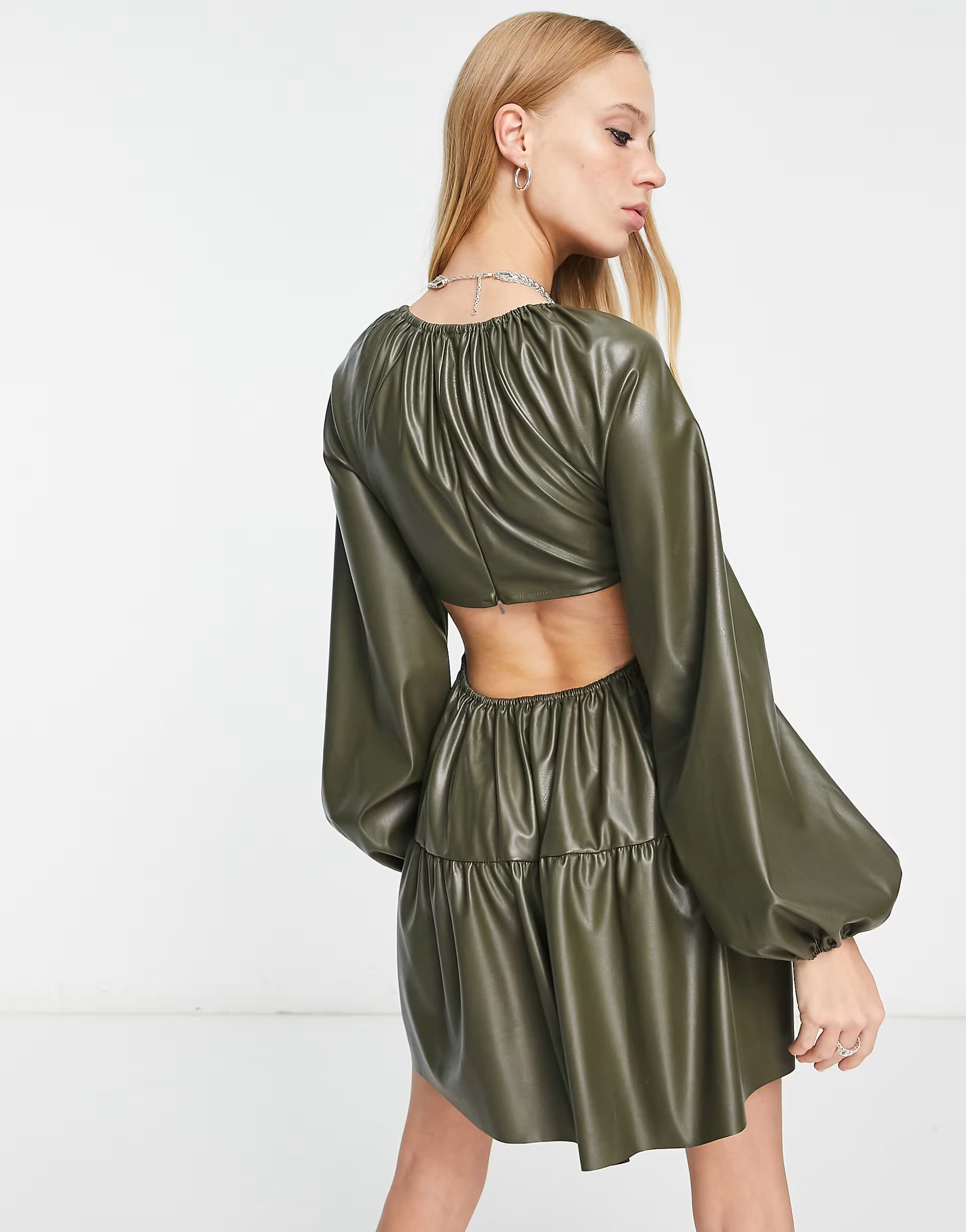 ASOS DESIGN long sleeve pu cut out mini dress in khaki | ASOS (Global)