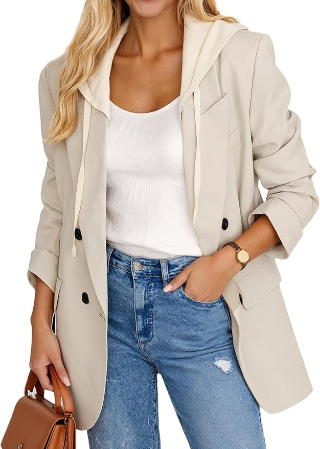 Mina Self 2026 Women's Spring Hooded Blazer Jacket - Double-Breasted Oversize Loose Fully-Lined W... | Amazon (US)