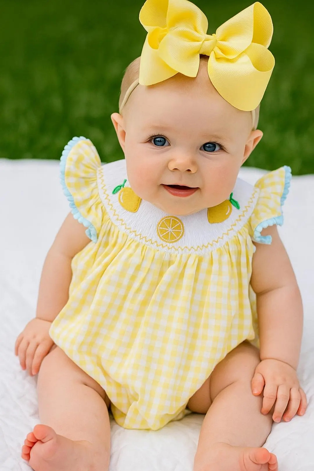 Baby Girl's Yellow Gingham Lemon Smocked Flutter Sleeve Bubble Romper - Etsy | Etsy (US)