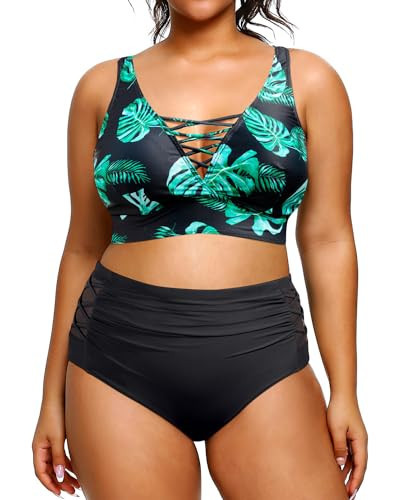 Yonique Two Piece Plus Size Swimsuit for Women High Waisted Bikini Set Tummy Control Bathing Suits Green Floral 20Plus | Amazon (US)