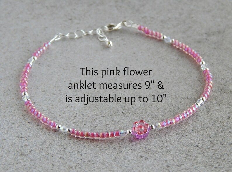 Pink Flower Anklet for Women, Sterling Silver Anklet, Flower Ankle Bracelet, Seed Bead Anklet, Fl... | Etsy (US)