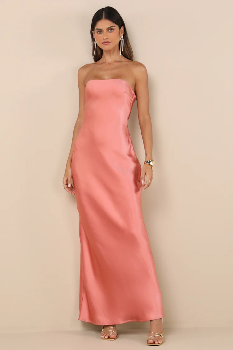 Elliette Peach Pink Satin Strapless Cowl Back Maxi Dress | Lulus